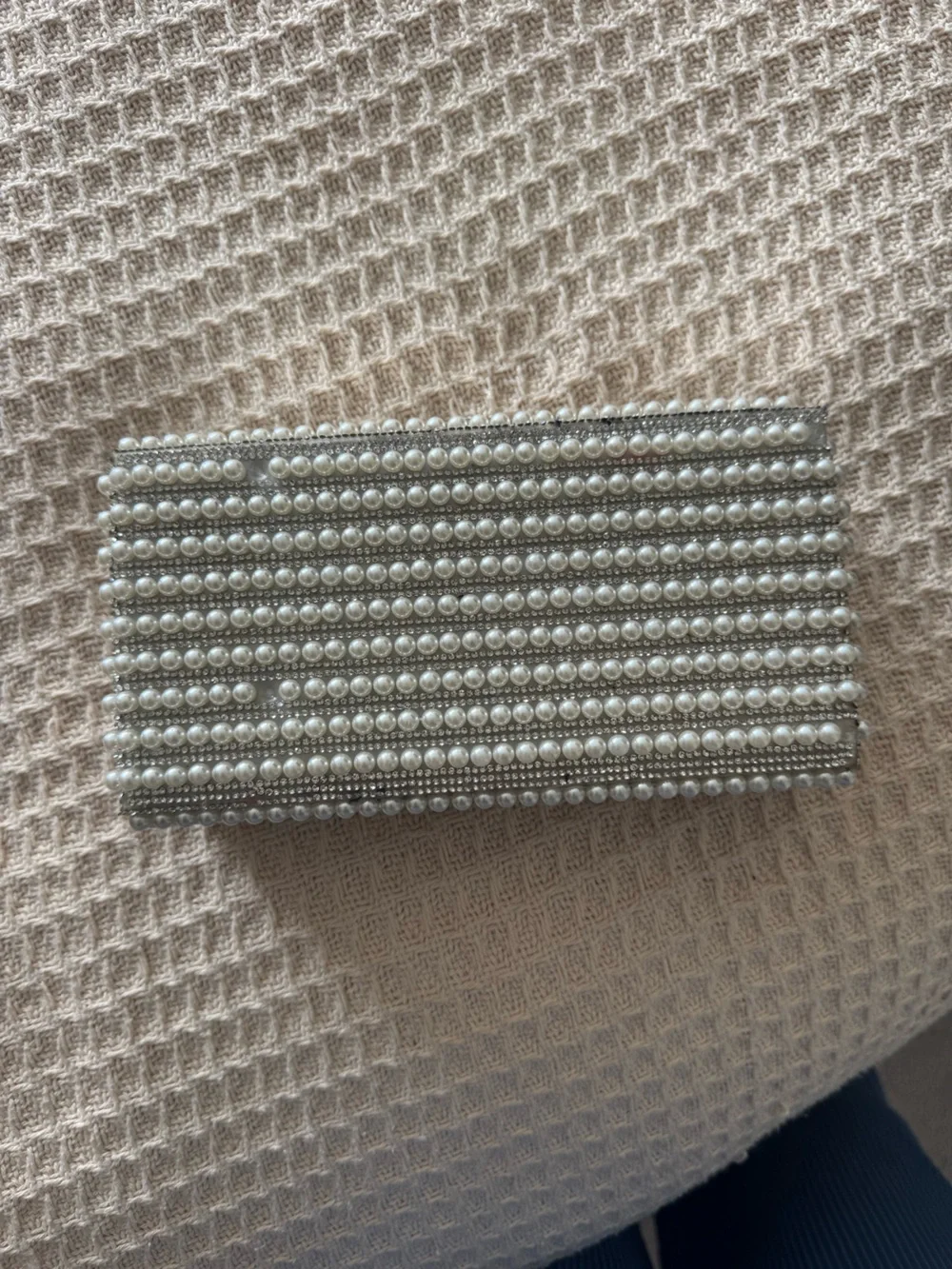 Pearl-Embellished Silver Clutch Wallet ONE PEARL PIECE IS MISSING